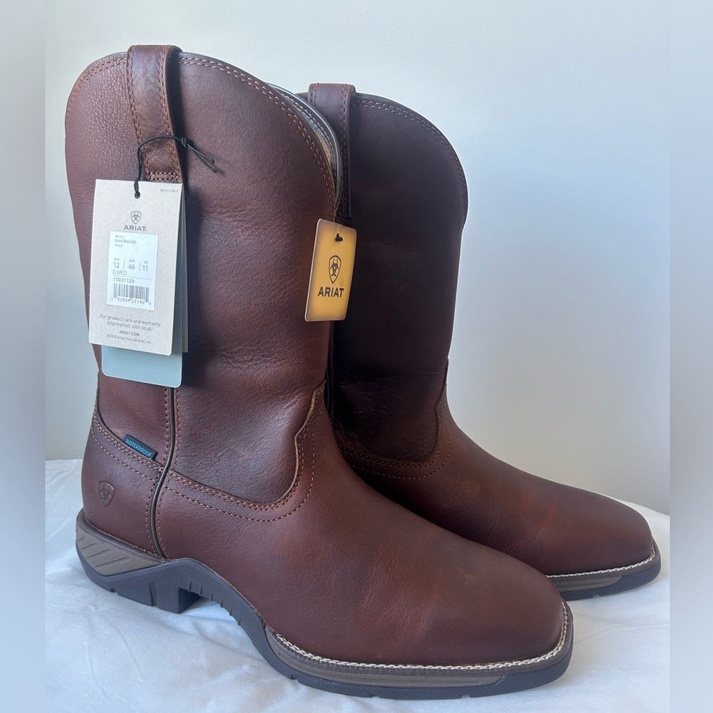 Ariat Men's Ranch Waterproof Wide Square Toe Brown Leather Pull-On Work Boots